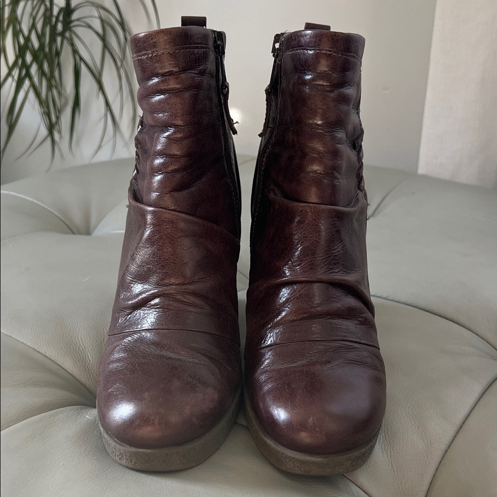 Miz Mooz Rich Brown Leather Ankle Booties with Wedge Heel